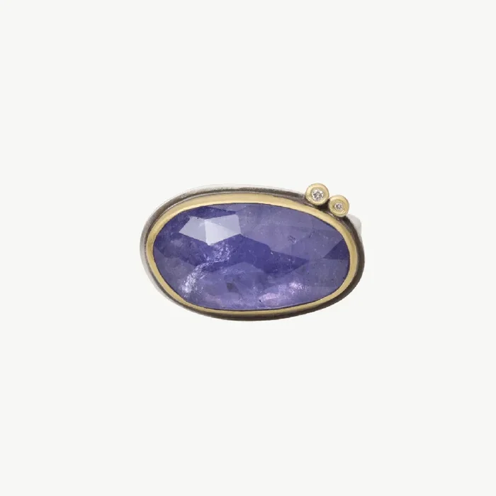 Two Diamond Dots Rose Cut Tanzanite Ring