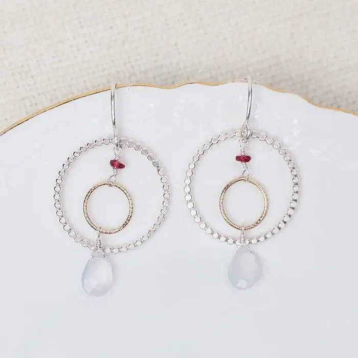 Two Tone Double Ring Tourmaline & Chalcedony Earrings