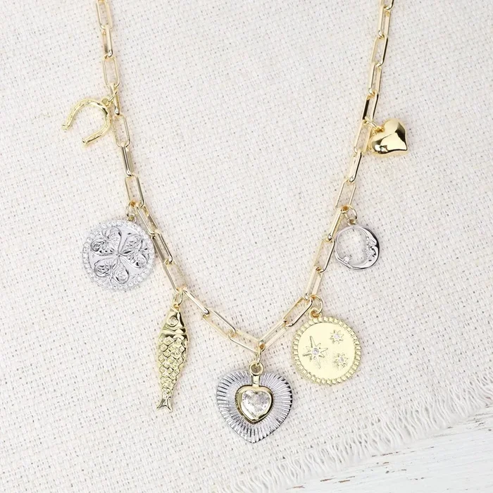 Two Tone Multi Charm Necklace