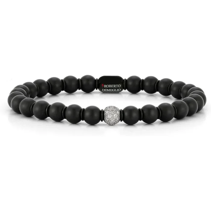 Uomo – Matte Black Ceramic Bead Stretch Bracelet With 1 Diamond Bead in 18K White Gold