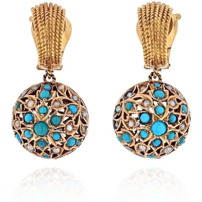 Van Cleef & Arpels – 18K Yellow Gold 1960’s Turquoise Pearl Drop Dangle Earrings