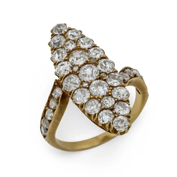 Victorian 3 carat diamond 18k yellow gold navette ring