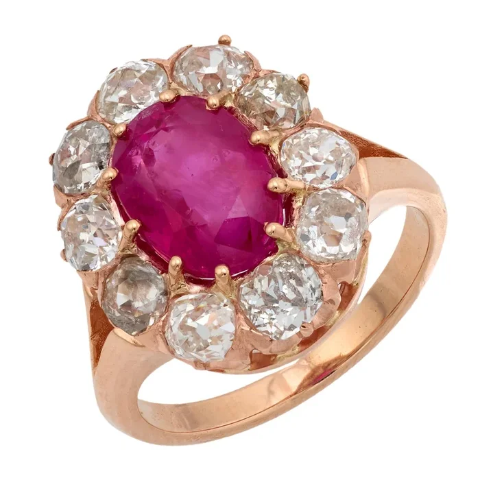 Victorian GIA 3.68 carat Burma no heat ruby diamond 14k rose gold cluster ring