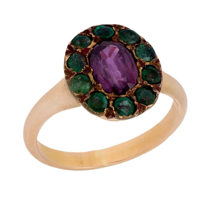 Victorian purple sapphire emerald 14k yellow gold cluster ring