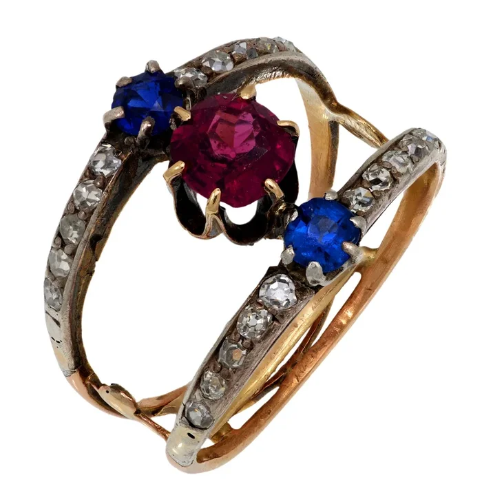 Victorian spinel sapphire diamond 18k yellow gold and silver 2 band ring