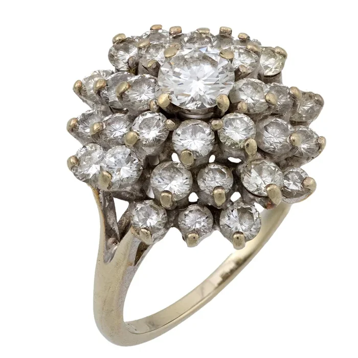 Vintage 2.65 carat diamond 14k white gold triple cluster ring