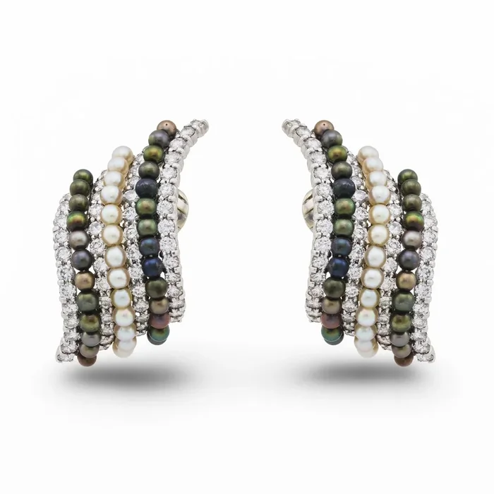 Vintage 2.70 carat diamond two tone pearl 18k white gold earrings