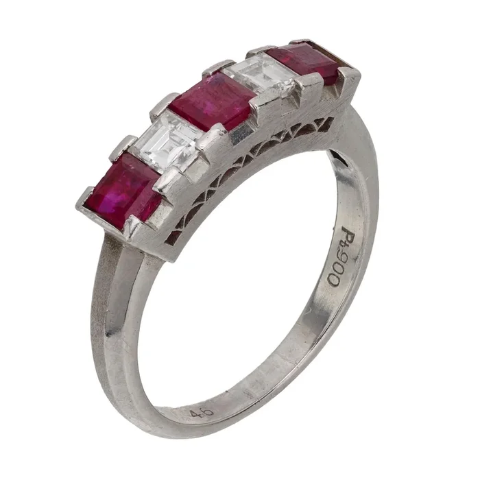Vintage Carré cut ruby and diamond platinum five stone ring