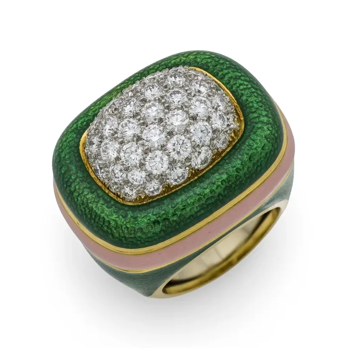 Vintage David Webb diamond 18k yellow gold enamel cocktail ring