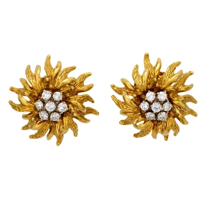 Vintage diamond 18k yellow gold flower clip-on earrings