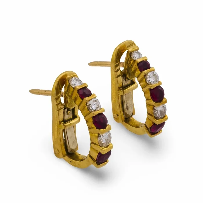 Vintage diamond ruby 18k yellow gold half hoop earrings