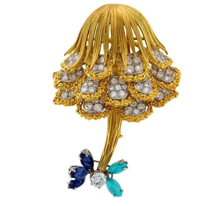 Vintage diamond sapphire turquoise 18k yellow gold and platinum mushroom brooch