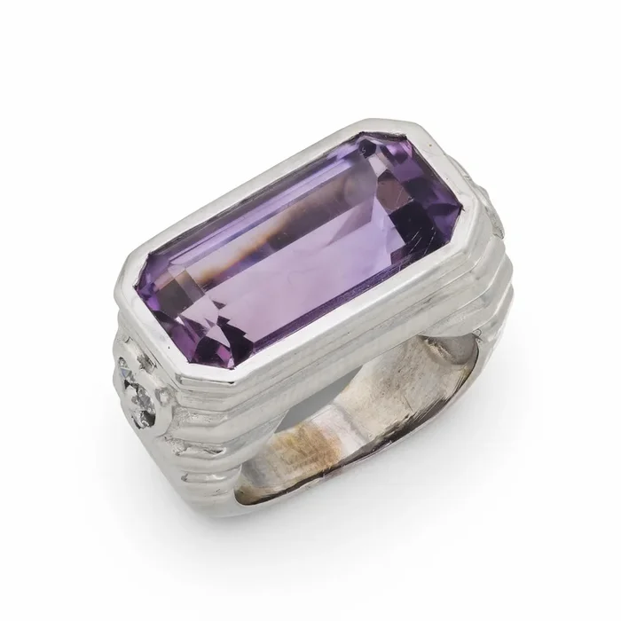 Vintage French emerald cut amethyst diamond 18k white gold cocktail ring