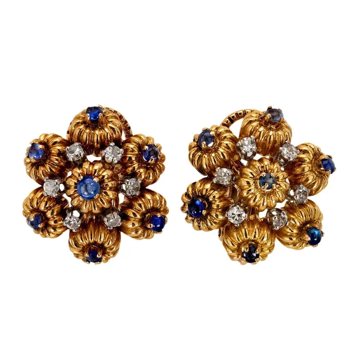 Vintage French sapphire diamond 18k yellow gold earrings