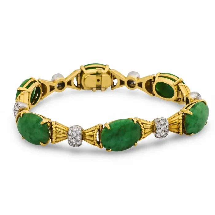 Vintage GIA 25.80 carat jade diamond 18k yellow gold bracelet