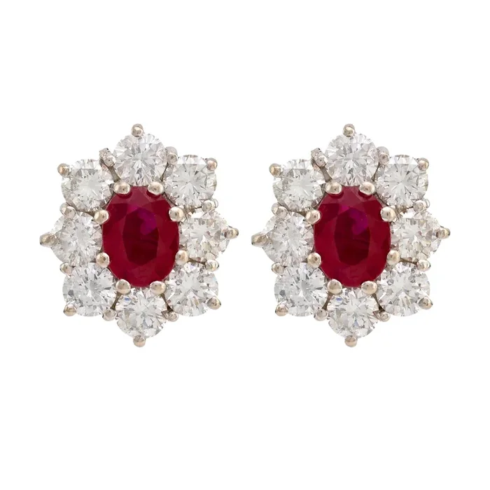 Vintage GIA Burma Ruby Diamond 18K White and Yellow Gold Cluster Earrings