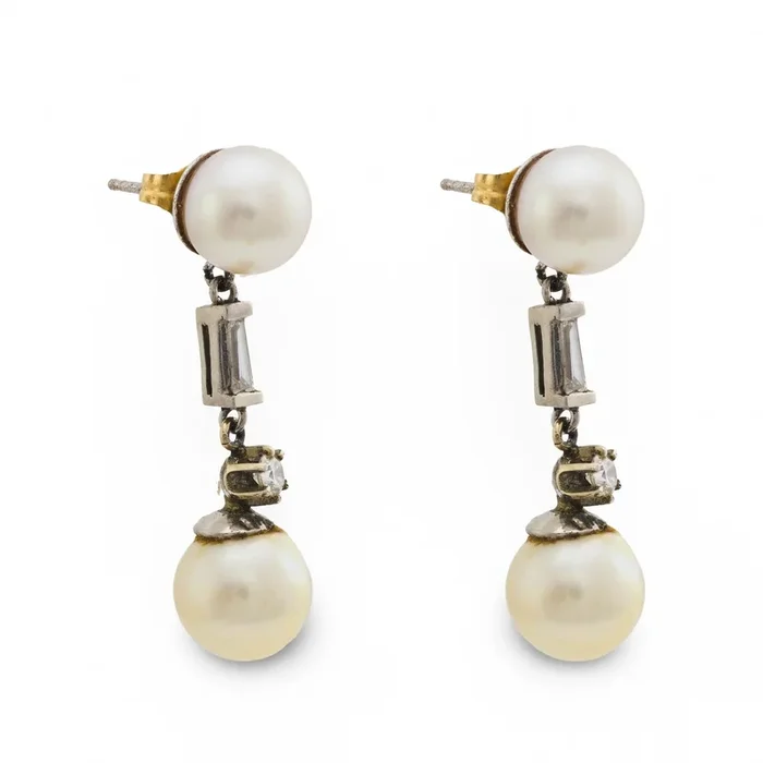 Vintage pearl diamond platinum drop earrings