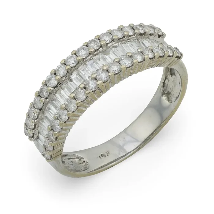 Vintage round and baguette diamond 14k white gold half eternity band