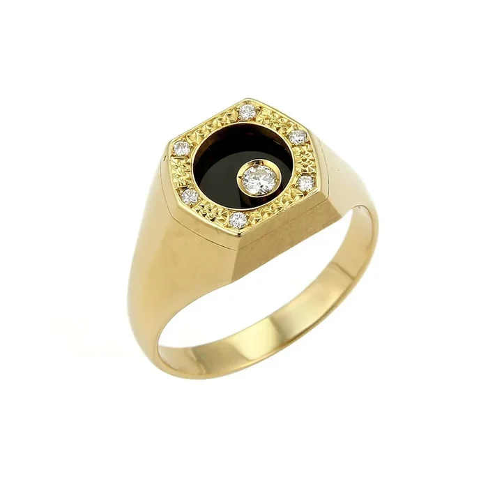 Waltham Rotating Diamond Onyx 18k Yellow Gold Octagon Ring – Size 13