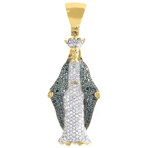 White & Blue Diamond Mother Mary Pendant 10K Yellow Gold Round Charm 0.95 Tcw.