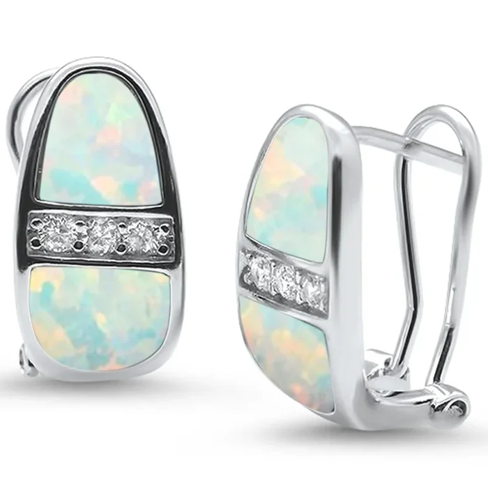 White Opal & Cz Latch Back .925 Sterling Silver Earrings