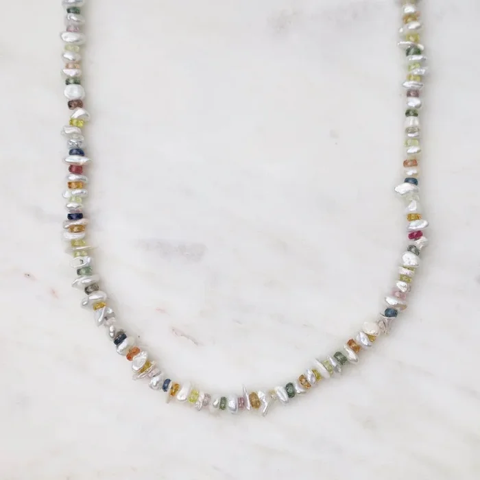 White Pearl & Multi-Color Sapphire Necklace