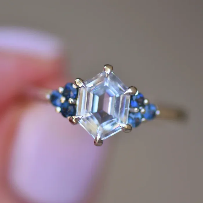 White Sapphire Hexagon Ring w/ Blue Montana Sapphires,White Sapphire Engagement Ring, 14K Rose Gold