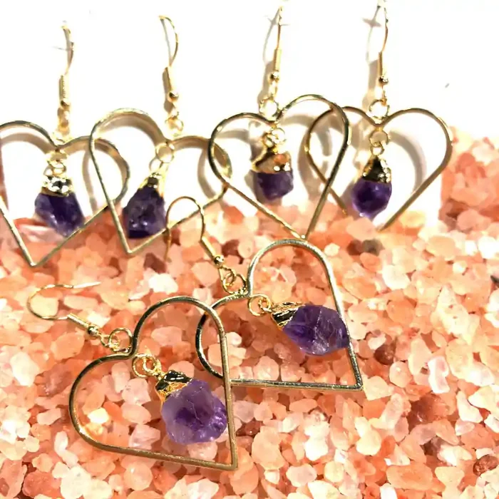 x3 Raw Amethyst Gemstone Heart Shape Earrings BR 433