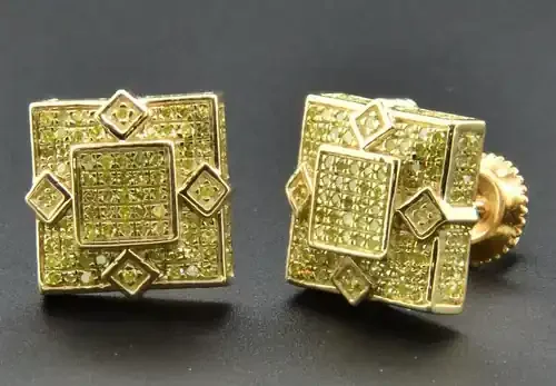 Yellow Diamond Studs 3D Square Shape Unisex 10K Yellow Gold Earrings 0.55 Ct.