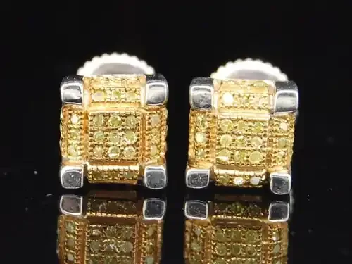 Yellow Diamond Studs .925 Sterling Silver Round Pave 3D Cube Earrings 0.28 Ct.