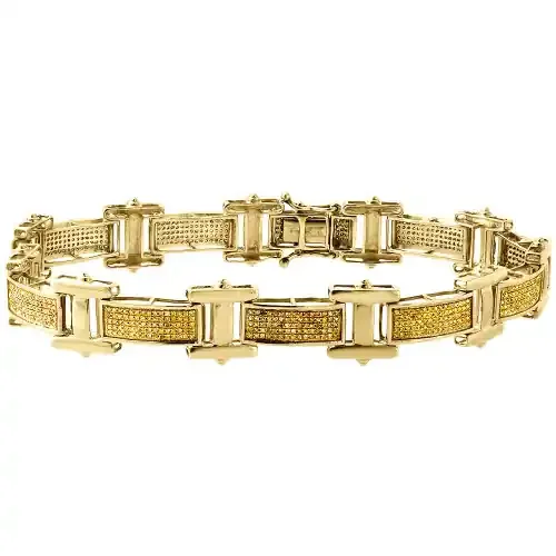 Yellow Diamond Yellow Gold Statement Link Bracelet 8.5″ Pave Round Cut 1.42 Ct.