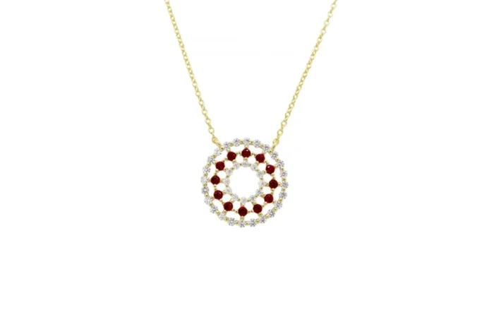 YELLOW GOLD PLATE STERLING SILVER WHITE CZ AND RUBY STONE OPEN CIRCLE NECKLACE