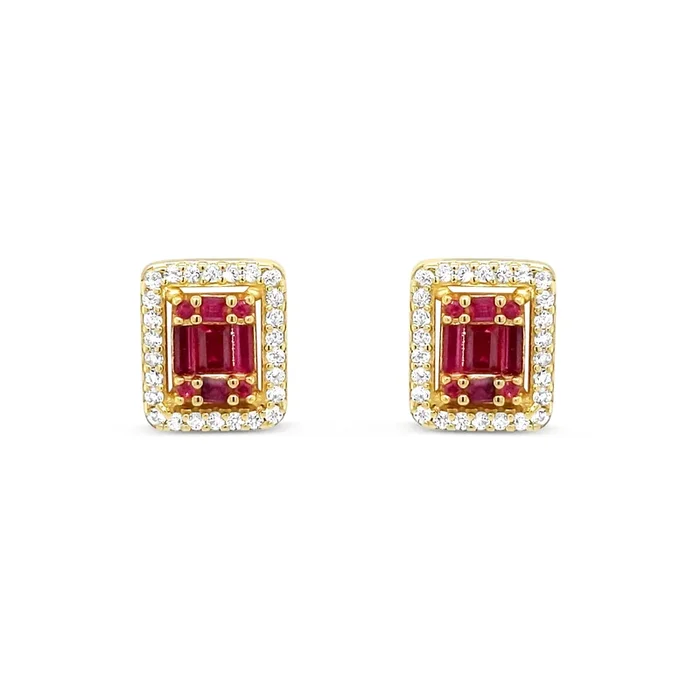 YELLOW GOLD PLATED STERLING SILVER CLUSTER RECTANGLE CZ BAGUETTE RED STUD EARRINGS