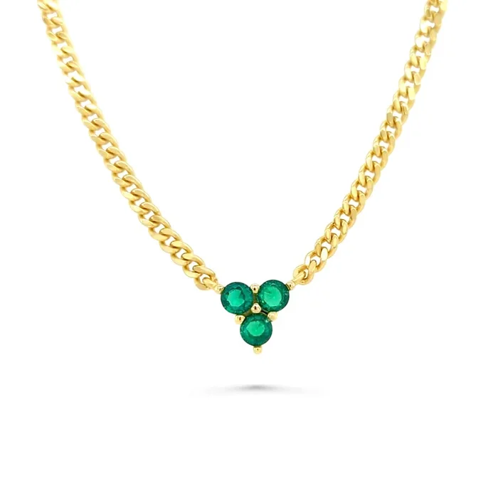 YELLOW GOLD PLATED STERLING SILVER CUBAN LINK GREEN EMERALD CZ PENDANT NECKLACE