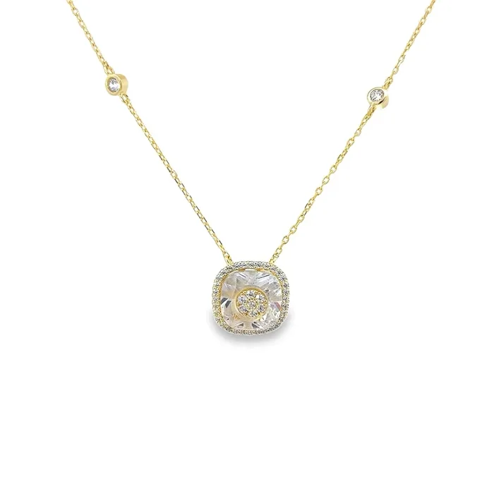 YELLOW GOLD PLATED STERLING SILVER CZ SQUARE PENDANT NECKLACE