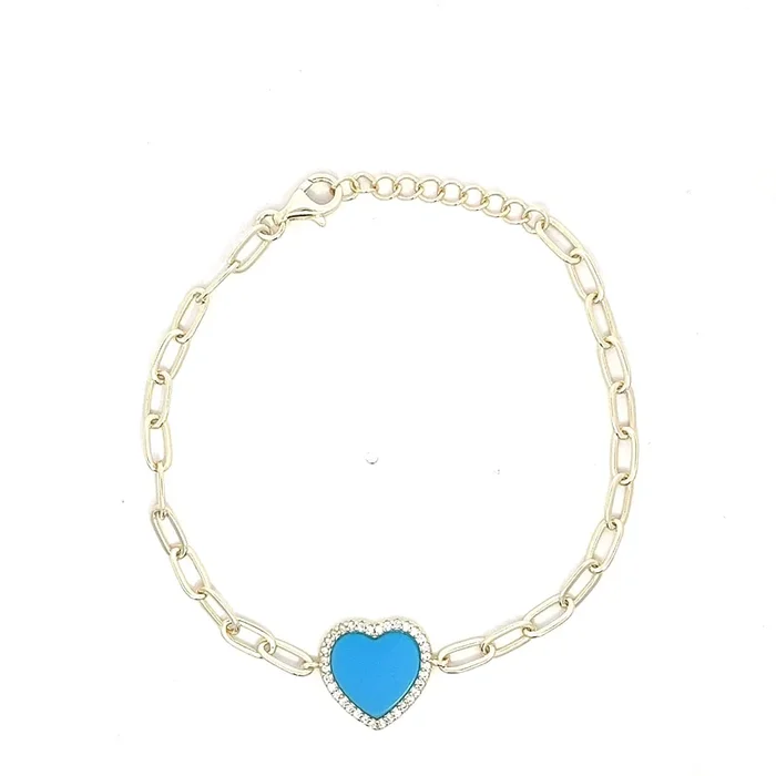 YELLOW GOLD PLATED STERLING SILVER TURQUOISE HEART WITH CZ BORDER PAPER CLIP CHAIN BRACELET