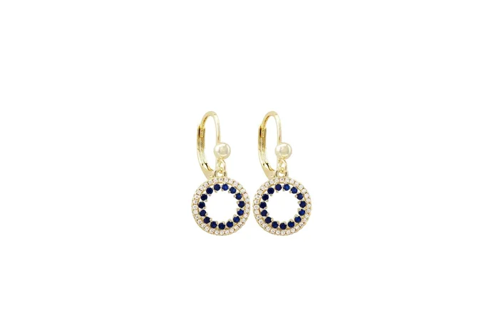 YELLOW GOLD PLATED SURGICAL STEEL BLUE STONE AND WHITE CZ OPEN CIRCLE EARRINGS