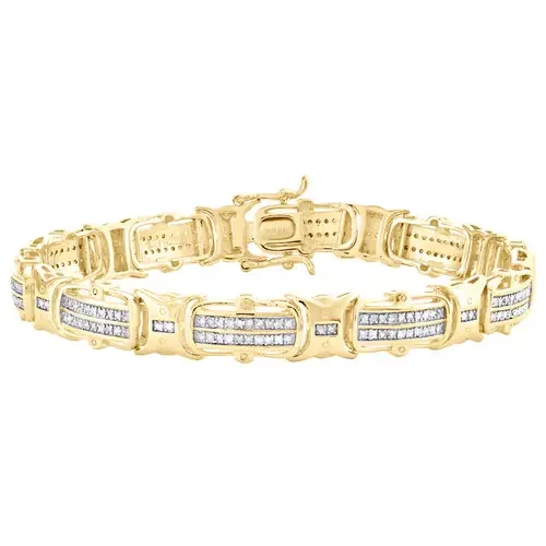 Yellow Sterling Silver Round Diamond 9mm Link 8″ Statement Pave Bracelet 1 CT.